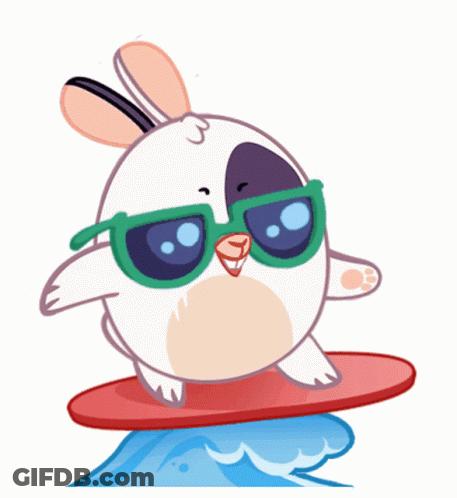 A Cartoon Bunny Wearing Sunglasses Is Riding A Wave On A Surfboard GIF
