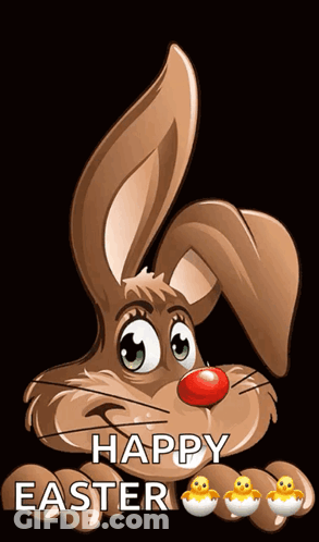 A Cartoon Bunny With A Red Nose And The Words Happy Easter Behind It GIF