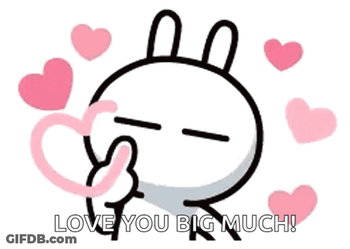 A Cartoon Bunny With Hearts Around It And The Words `` Love You Big Much '' . GIF