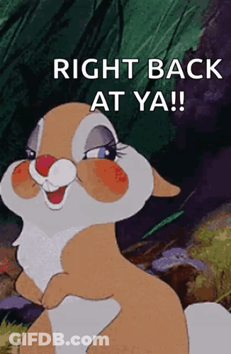 A Cartoon Bunny With The Words Right Back At Ya On The Bottom GIF