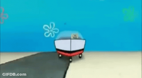 A Cartoon Car Is Driving Down A Road Next To A Spongebob Squarepants Character . GIF
