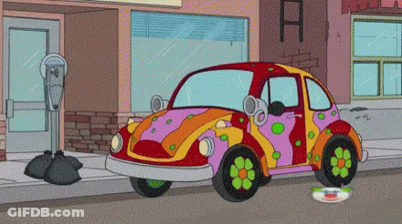 A Cartoon Car Is Parked On The Side Of The Road In Front Of A Building With The Letter A On It GIF