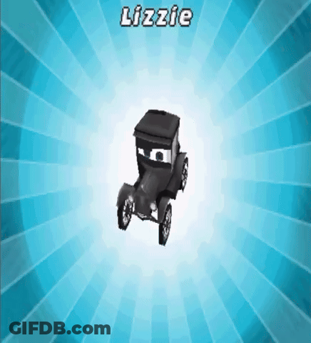 A Cartoon Car With The Name Lizzie On The Top GIF