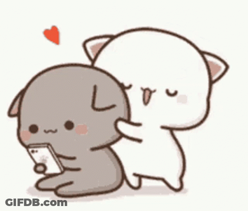A Cartoon Cat And A Dog Are Hugging Each Other While The Dog Is Holding A Cell Phone . GIF