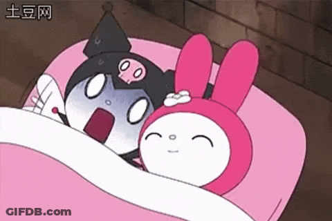 A Cartoon Cat And A Pink Bunny Are Laying In A Bed Together . GIF