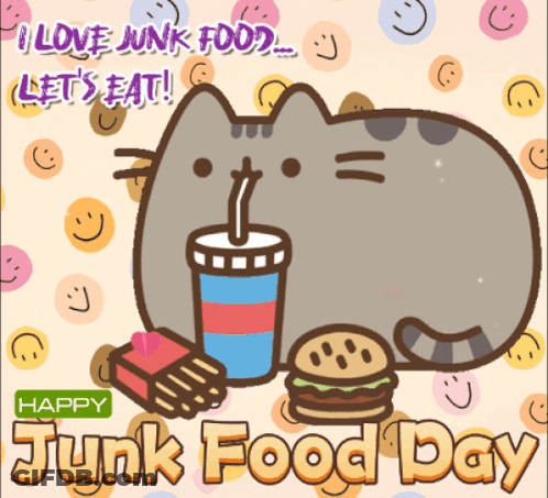 A Cartoon Cat Drinking A Soda And Eating A Hamburger On Junk Food Day GIF