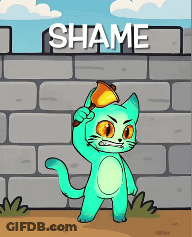 A Cartoon Cat Holding A Bell In Front Of A Sign That Says " Shame " GIF