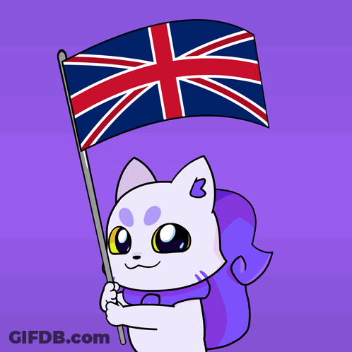 A Cartoon Cat Holding A British Flag With The Letter B On Its Head GIF