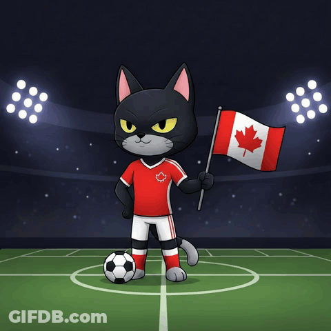 A Cartoon Cat Holding A Canadian Flag On A Soccer Field GIF