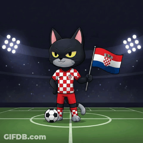 A Cartoon Cat Holding A Croatian Flag And A Soccer Ball GIF