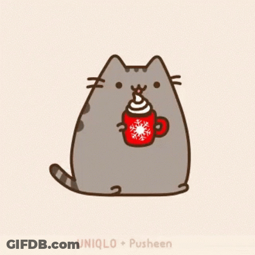 A Cartoon Cat Holding A Cup Of Hot Chocolate With Snowflakes On It GIF