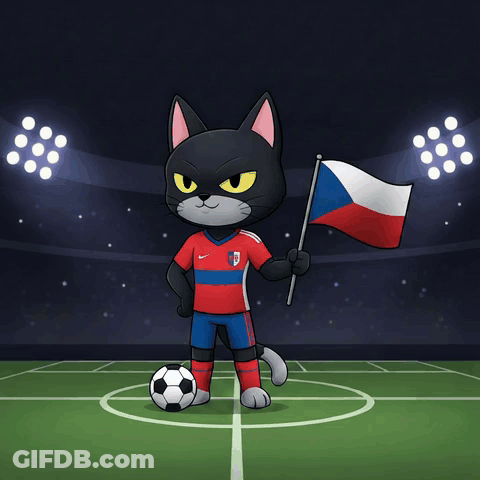 A Cartoon Cat Holding A Czech Flag And A Soccer Ball GIF