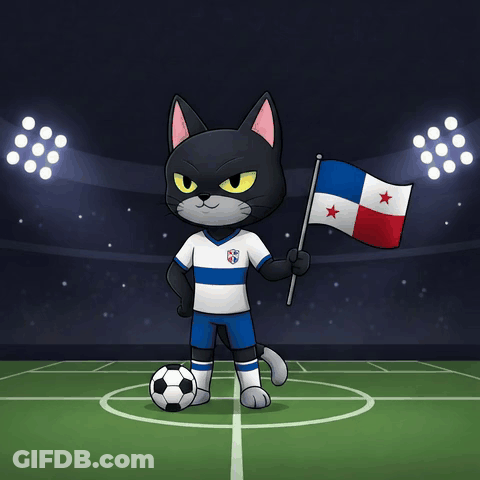 A Cartoon Cat Holding A Flag And A Soccer Ball On A Field GIF