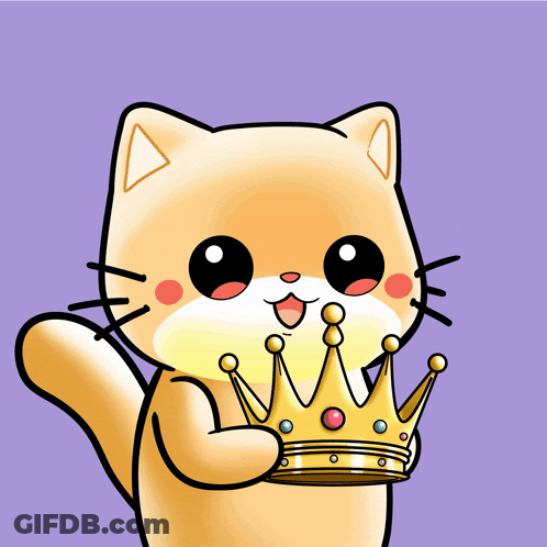 A Cartoon Cat Holding A Gold Crown With A Purple Background GIF
