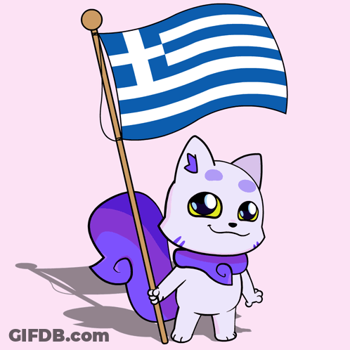 A Cartoon Cat Holding A Greek Flag On A Pole GIF