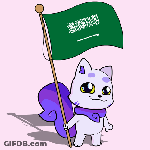 A Cartoon Cat Holding A Green Flag With Arabic Writing GIF
