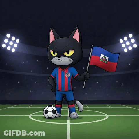A Cartoon Cat Holding A Haiti Flag And A Soccer Ball GIF