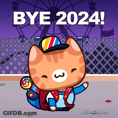 A Cartoon Cat Holding A Lollipop With The Words Bye 2024 Behind Him GIF