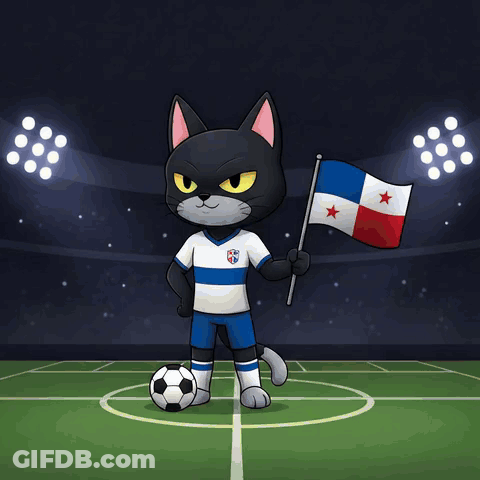A Cartoon Cat Holding A Panama Flag On A Soccer Field GIF