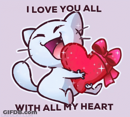 A Cartoon Cat Holding A Red Heart With The Words I Love You All With All My Heart GIF
