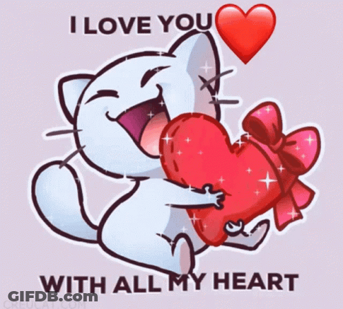 A Cartoon Cat Holding A Red Heart With The Words I Love You With All My Heart Below It GIF