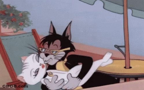A Cartoon Cat Holding A White Cat With A Heart On Its Nose GIF