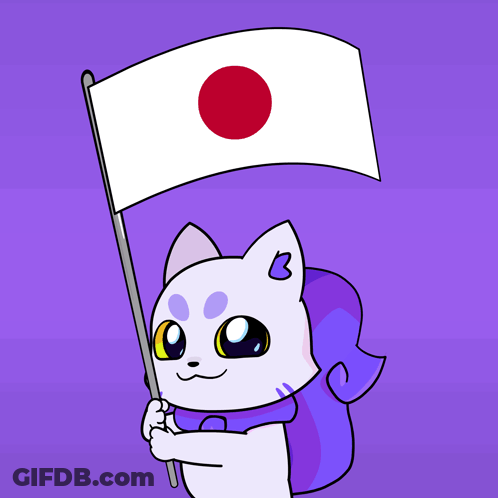 A Cartoon Cat Holding A White Flag With A Red Circle On It GIF