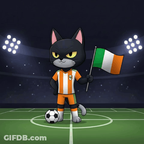 A Cartoon Cat Holding An Irish Flag On A Soccer Field GIF