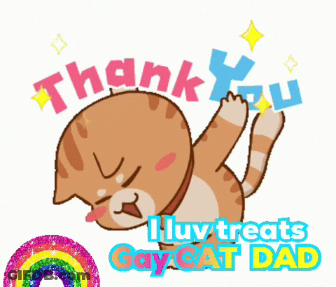 A Cartoon Cat Holding Up A Thank You Sign With A Rainbow In The Background GIF