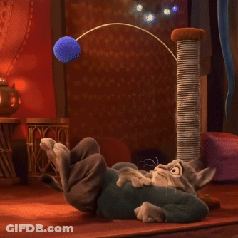 A Cartoon Cat In A Blue Sweater Is Standing Next To A Cat Tree GIF