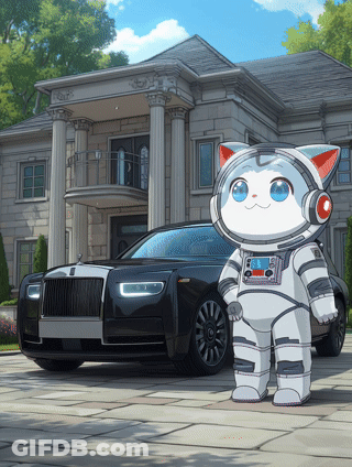 A Cartoon Cat In A Space Suit Is Standing In Front Of A Black Rolls Royce GIF
