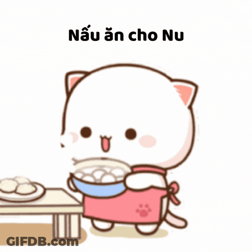 Cartoon Cat In Apron Holding Food Saying Nau An Cho Nu GIF
