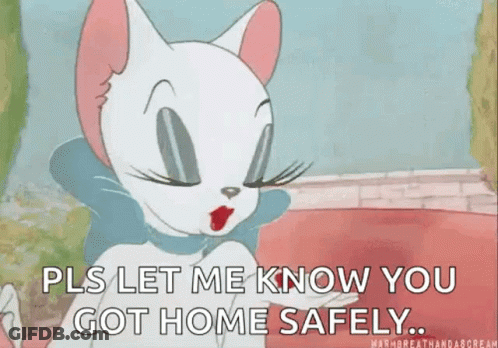 A Cartoon Cat Is Blowing A Kiss While Saying `` Pls Let Me Know You Got Home Safely '' . GIF