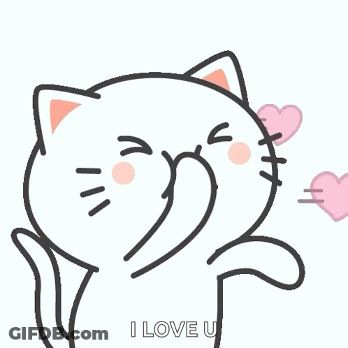 A Cartoon Cat Is Blowing Kisses With Pink Hearts Coming Out Of Its Mouth . GIF