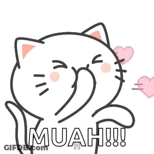 A Cartoon Cat Is Blowing Kisses With Pink Hearts Flying Around It . GIF
