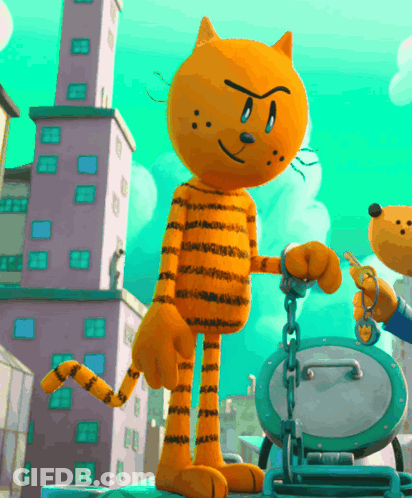 A Cartoon Cat Is Chained To A Drum In A City Scene GIF