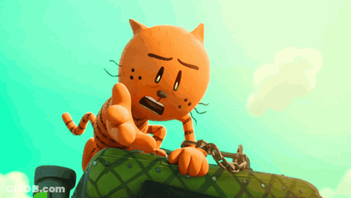 A Cartoon Cat Is Chained To A Green Object And Pointing GIF