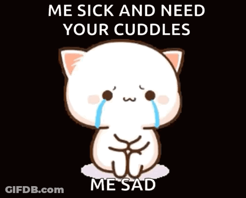 A Cartoon Cat Is Crying And Saying `` Me Sick And Need Your Cuddles Me Sad '' GIF