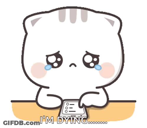 A Cartoon Cat Is Crying While Sitting At A Table Holding A Cell Phone And Says I 'M Dying . GIF