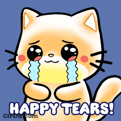 A Cartoon Cat Is Crying With The Words Happy Tears Written Below It GIF
