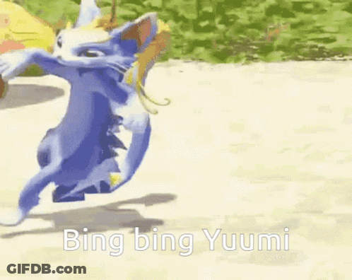 A Cartoon Cat Is Dancing With The Words Bing Bing Yuumi Written On The Bottom GIF