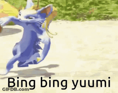 A Cartoon Cat Is Dancing With The Words Bing Bing Yuumi Written On The Bottom GIF