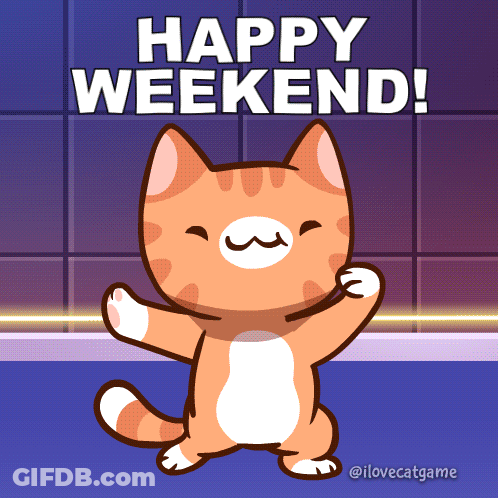 A Cartoon Cat Is Dancing With The Words Happy Weekend Behind It GIF