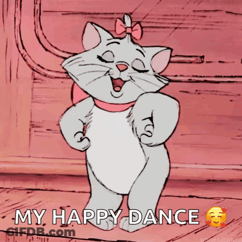 A Cartoon Cat Is Dancing With The Words " My Happy Dance " Above Her GIF