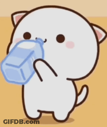 A Cartoon Cat Is Drinking Water From A Blue Bottle . GIF