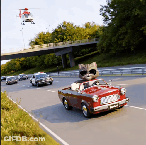 A Cartoon Cat Is Driving A Red Car With A License Plate That Says Selfiecat 2 GIF