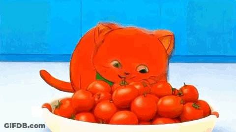A Cartoon Cat Is Eating Tomatoes From A Bowl . GIF
