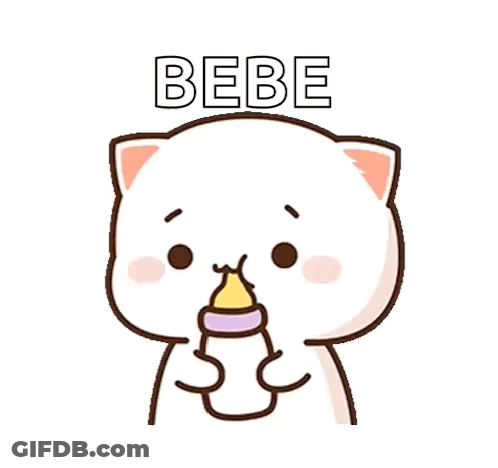 A Cartoon Cat Is Holding A Baby Bottle In Its Mouth And The Word Bebe Is Above It . GIF