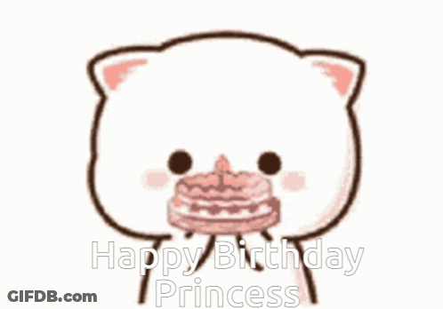 A Cartoon Cat Is Holding A Birthday Cake In Its Mouth And Saying `` Happy Birthday Princess '' . GIF
