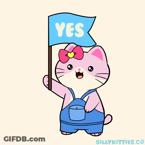 A Cartoon Cat Is Holding A Blue Flag That Says Yes GIF